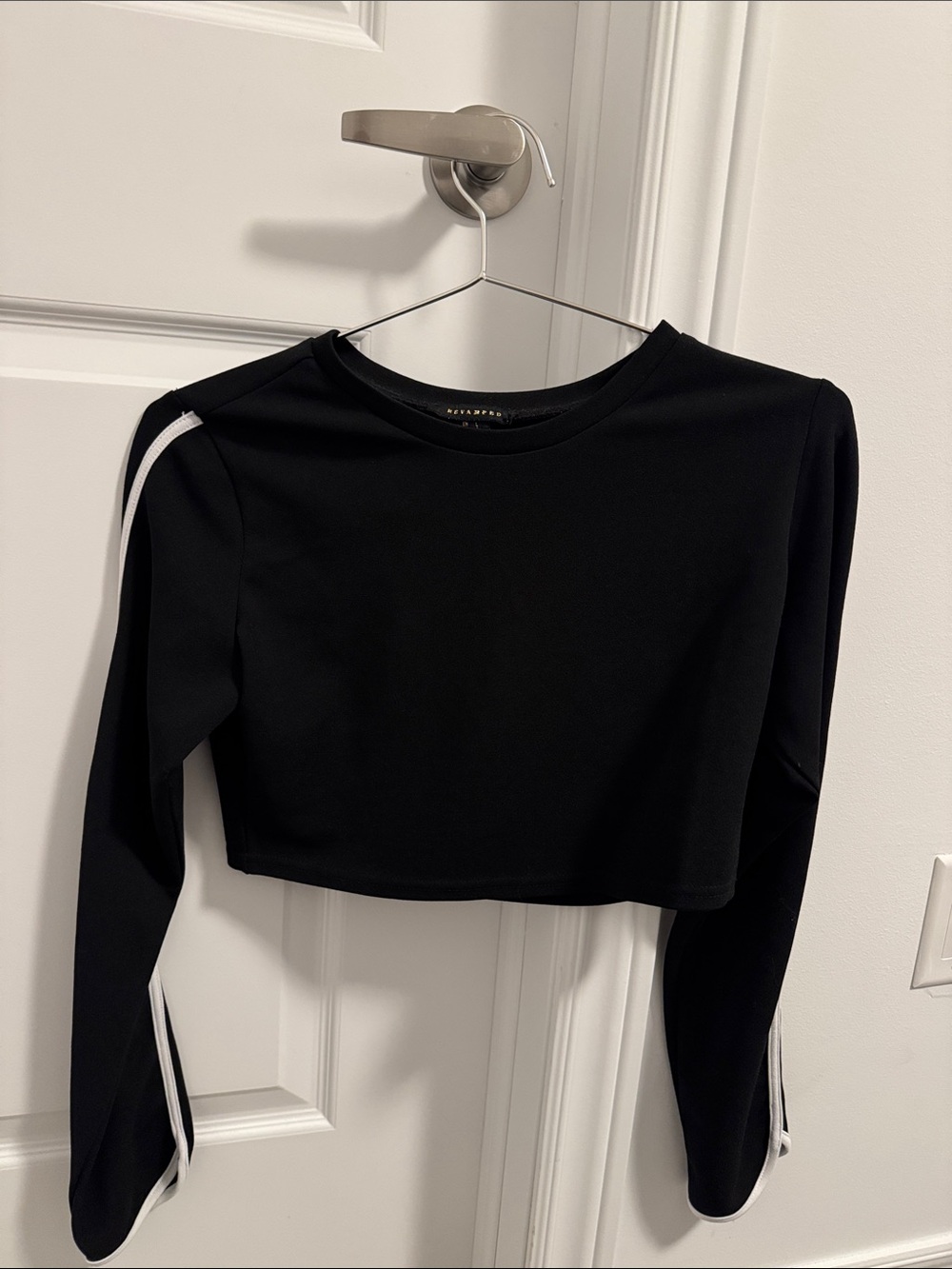 Revamped Black Long-Sleeve Crop Top with White Trim
